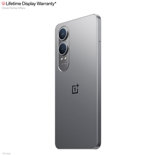 OnePlus smartphone with a lifetime display warranty text on a white background