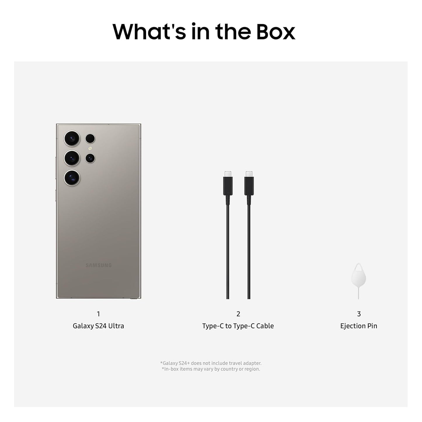 Product packaging list showing a Samsung Galaxy S24 Ultra, two Type-C to Type-C cables, and an ejection pin on a white background.