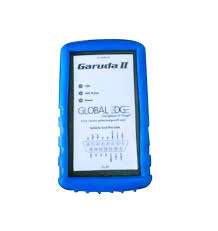 Blue electronic device with screen displaying 'Garuda II' on a white background