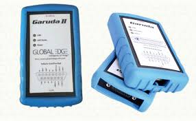 Two blue electronic devices with screens displaying 'Garuda II' and 'Global EX2'.