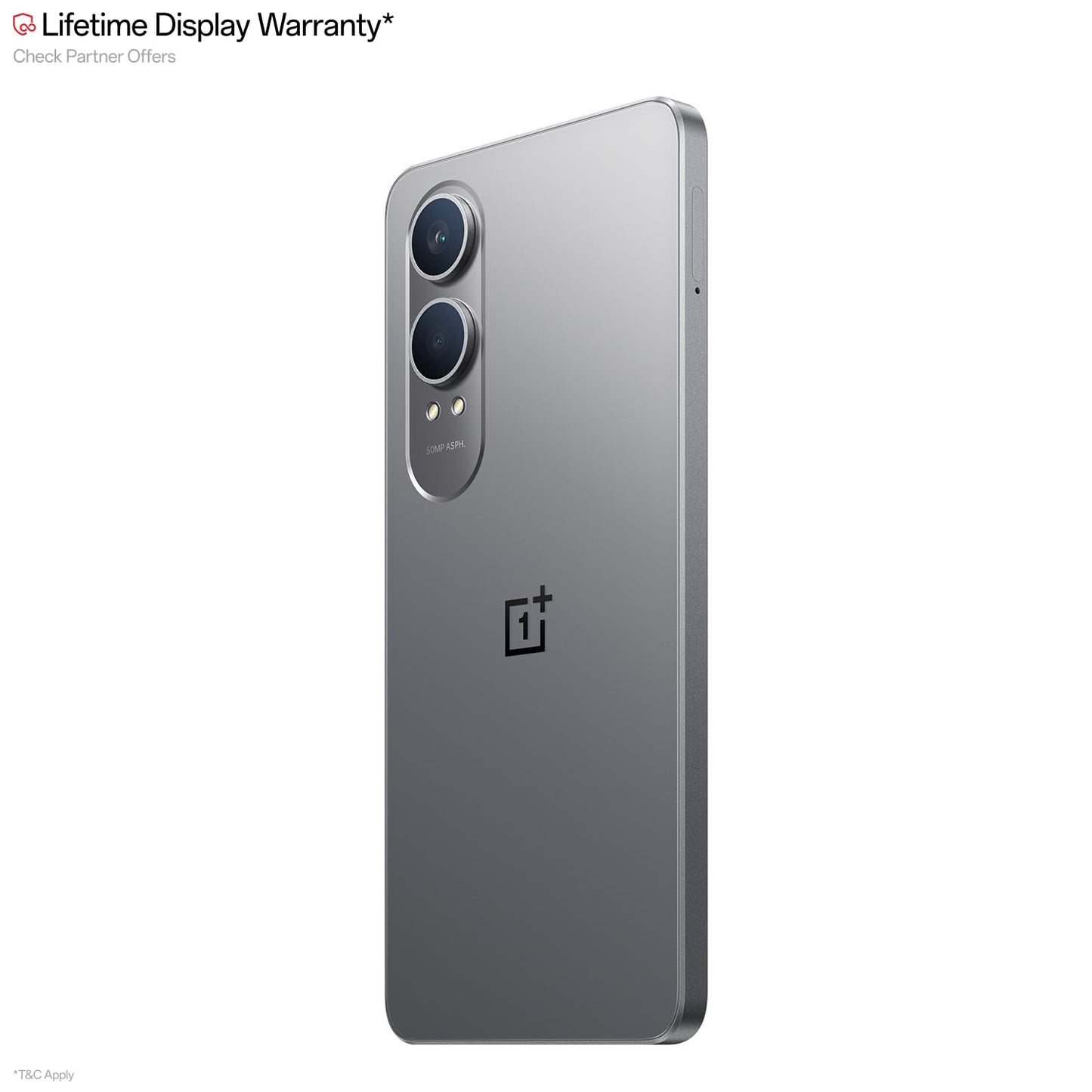 OnePlus smartphone with a lifetime display warranty text on a white background