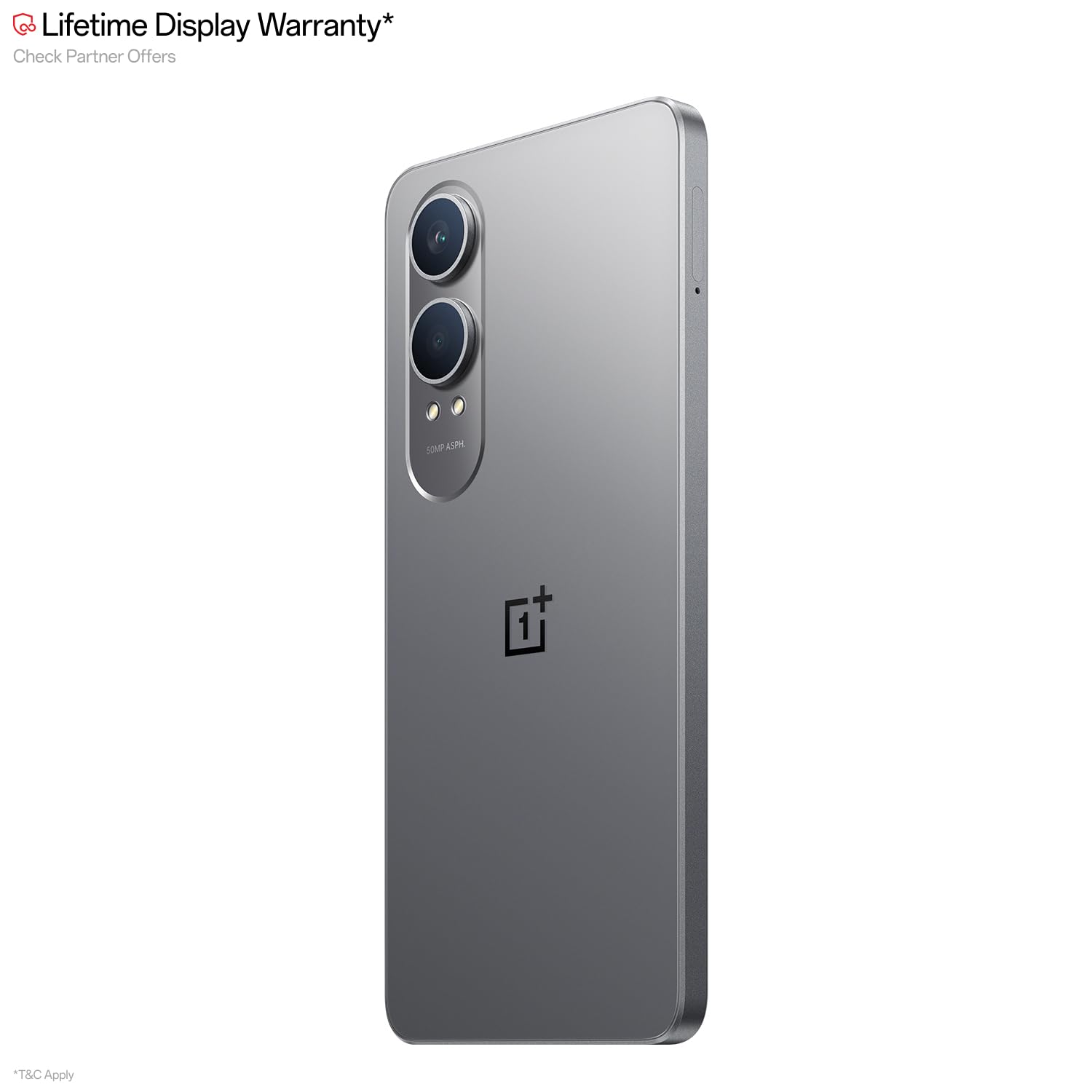 OnePlus smartphone with a lifetime display warranty text on a white background