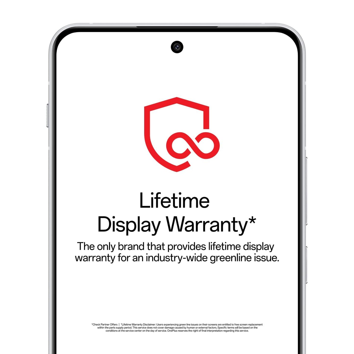 Phone screen with a red logo and text about a lifetime display warranty on a white background