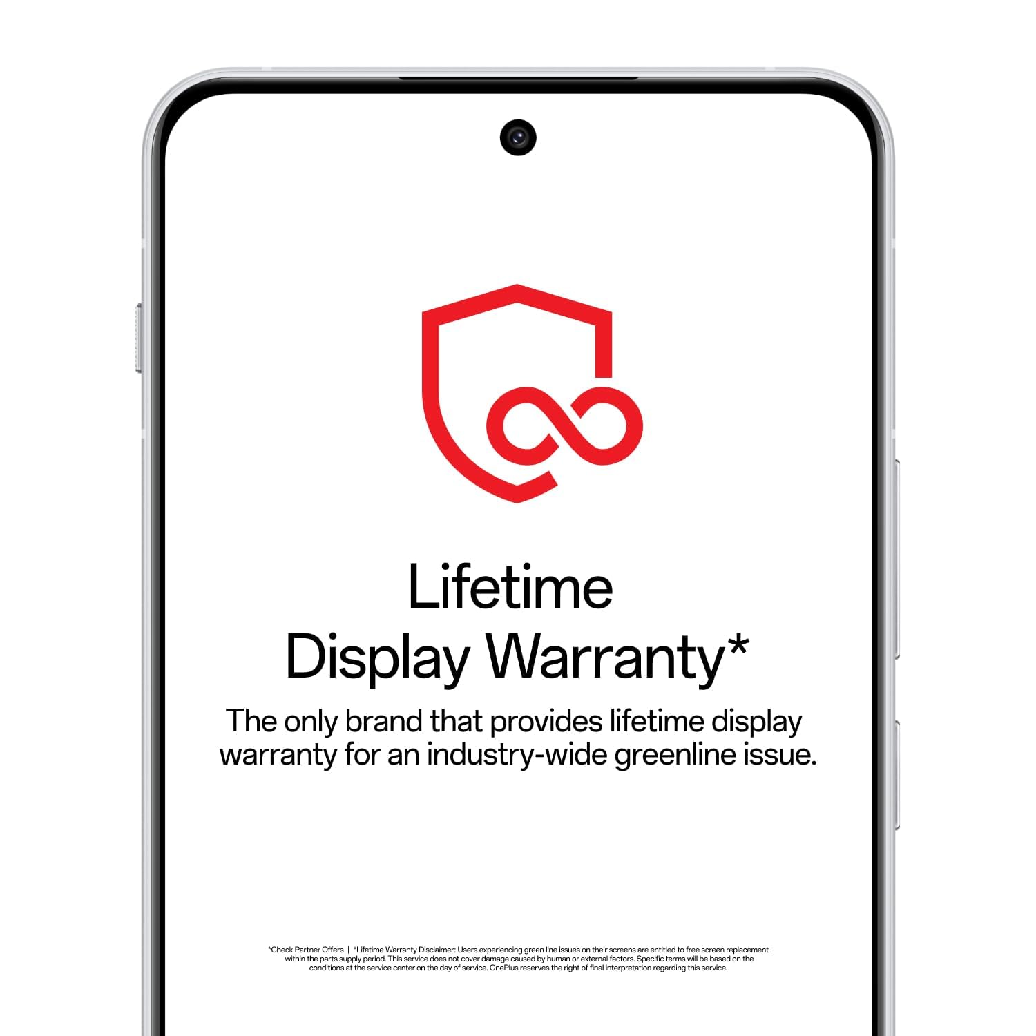 Phone screen with a red logo and text about a lifetime display warranty on a white background
