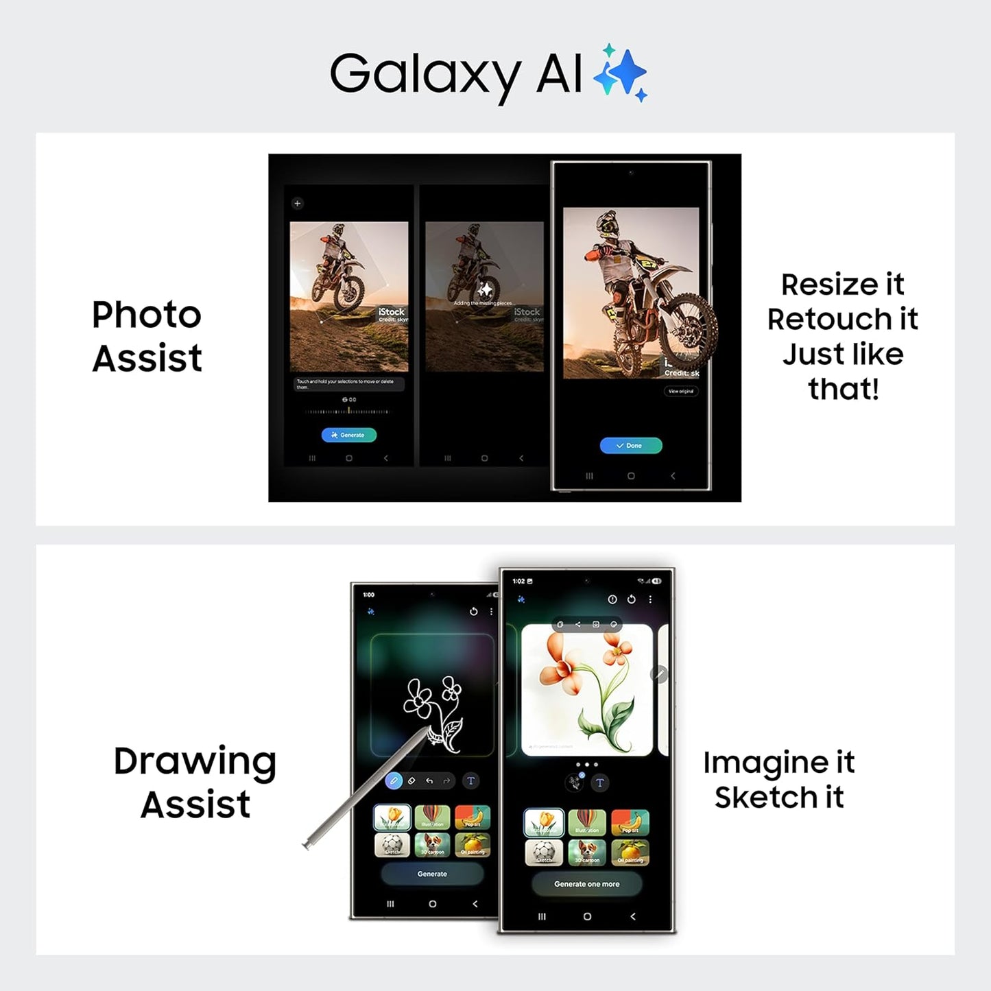 Samsung Galaxy AI app features with photo and drawing assist on a white background