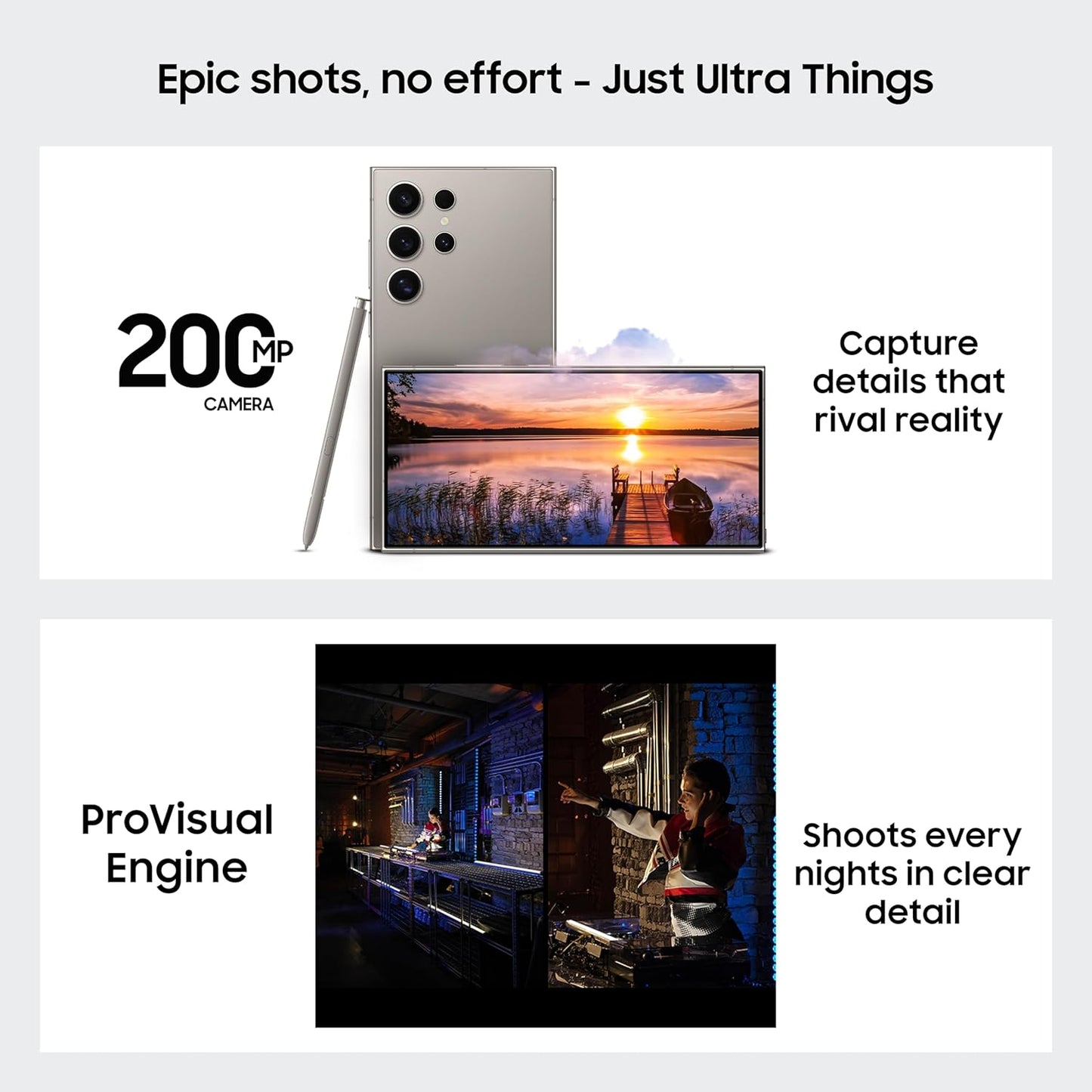 Advertisement for a smartphone with 200MP camera and ProVisual Engine features, showing scenic and indoor images.