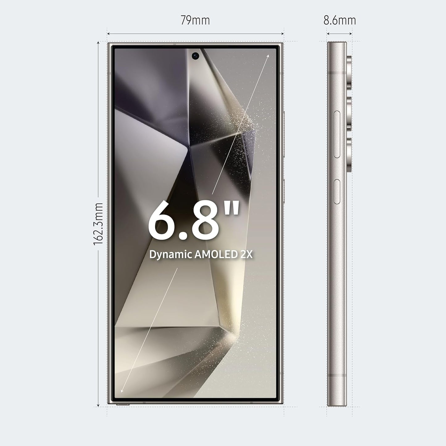 Smartphone display with dimensions and screen size information on a white background